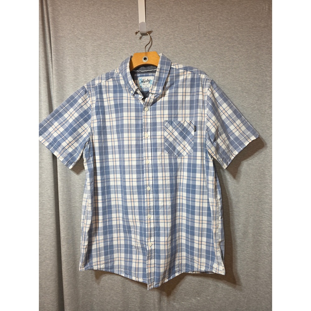 Hurley Mens Blue White Plaid Short Sleeve Button Down Shirt XL Made In The Shade